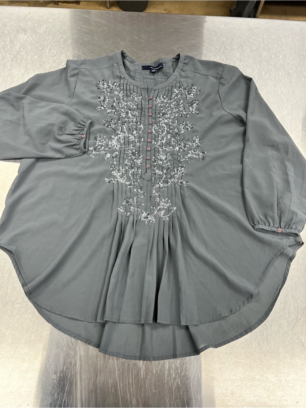 Denim 24/7 Grey Embroidered Pintuck Peasant Blouse